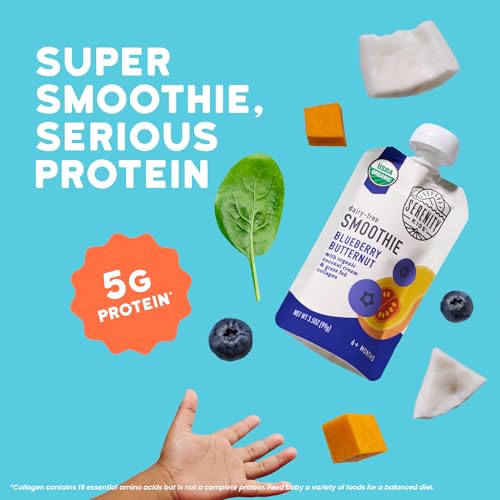 Image of Serenity Kids Organic Baby Food Pouches, Smoothie, 3.5 Oz, 12 Pack | 5g Collagen Protein, Full Serving of Fruits & Veggies, 5g Healthy Fats, No Added Sweeteners, Toddler Snacks, Dairy Free