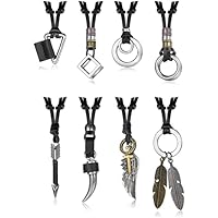 Morfetto 8 Piezas Collar de Cuero para Hombres y Mujeres Collar de Cordón de Cuero Negro Marrón Flecha Tribal Colgante de Pluma de Diente de Lobo Collar Llamativo para Hombres y Mujeres Negro