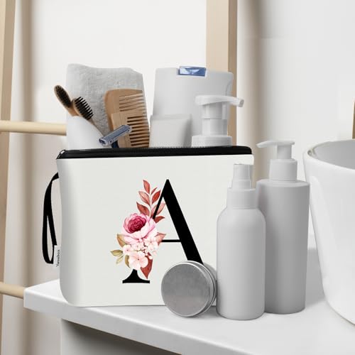 Image of Vavabox A-Z Personalized Makeup Bag, Birthday Gifts for Women Mom, Gifts for Best Friend, Bride Bridesmaid Cosmetic bag (A, 03-White Set)
