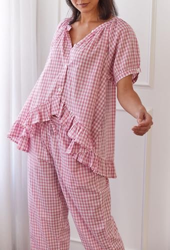 Image of Argeousgor Women Plaid 2 Piece Pajama Set Button Down Puff Sleeve Babydoll Shirt Gingham Pants Pj Lounge Set Sleepwear