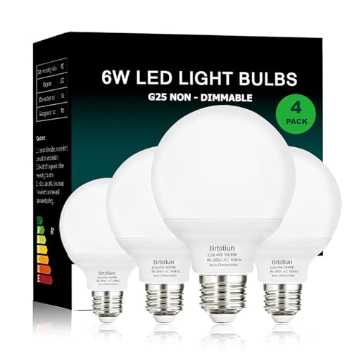Brtstiun G25 LED Light Bulb, Round Vanity Light Bulbs for Bathroom, 40W LED Equivalent, Daylight White 5000K, Globe Light Bulbs E26 Base, 600LM, Non-Dimmable, 4-Pack