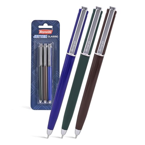 Image of Reynolds JETTER CLASSIC Ball Pen SET - 3 PENS BLUE | MULTI BODY COLOR BALL PEN WITH COMFORTABLE GRIP |BLUE BALL PENS FOR WRITING | PEN FOR PROFESSIONALS | 0.7 mm TIP SIZE