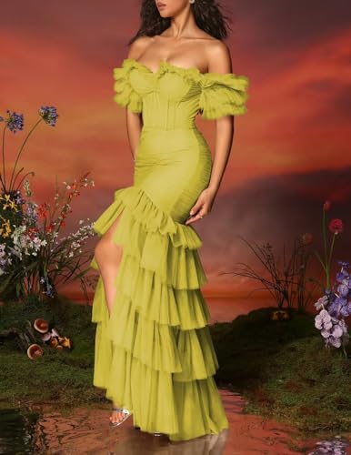 Off Shoulder Prom Dress for Women 2025 Tiered Tulle Mermaid Long Formal Party Gowns with Slit2