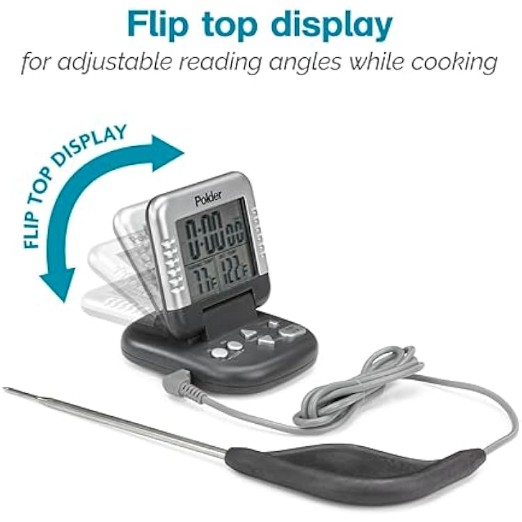 Polder Classic Digital Thermometer and Timer, Meat Thermometer for Cooking, Stainless Steel Probe, 24-Hour Countdown Timer with 40 Long, High-Heat Silicone Cord