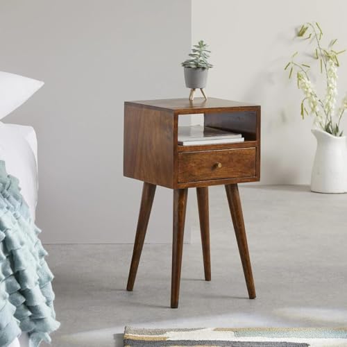 Image of CRAFT D ARTS Solid Wood Bedside Table for Bedroom| Wooden Bedside Nightstand Table with 1 Drawer & Open Shelf Storage | Modern End Table for Home & Living Room, Dark Natural Finish