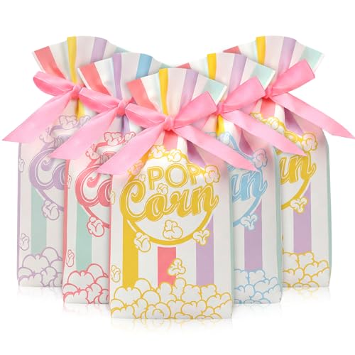 Image of 48 Pcs Popcorn Plastic Bags Circus Carnival Party Goodie Bags Bulk Movie Night Popcorn Container for Carnival Movie Night Theater Halloween Party Supplies (Pastel)