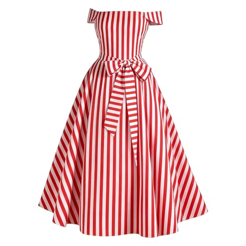 Rockabilly Kleider Damen Maxikleid 50er Jahre Vintage Kleid Rot Weiß Gestreift Rockebillykleider mit Schulterfrei A Linien Hohe Taille Swing...