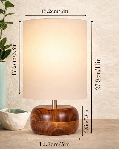 Image of Homesake Handcrafted Wooden Base Table Lamp with Warm Shade, Aara, Bedside Night Light for Bedroom, Living Room, Study Table, Home Decor, Ambient Lighting, (KD Off-White)