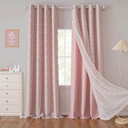 MYSKY HOME Pink Curtains for Girls Room 84 Inches Long 2 Panels Girls Curtains wiht Pink Pom Pom Sheer Blackout Nursery Curtain Room Darkening 2...