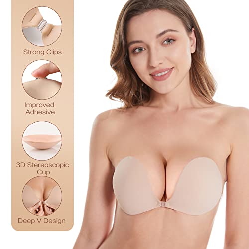 Wunian Adhesive Bra Reusable Strapless Sticky Silicone Push Up, For Backless Dress With Nipple Covers (B, Beige) #TOP3