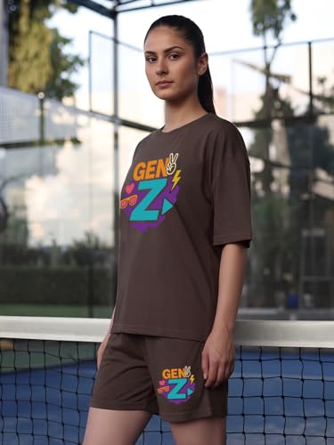 Image of CHKOKKO Cord Set for Women Cotton Blend Co-ord Set Stylish Graphic Printed Oversized T-Shirt Top Half Sleeves and Shorts Set Summer Coord Sets Casual Lounge Wear