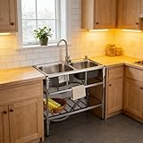 Freistehende Edelstahl Spültisch mit Kalt- & Warmwasser Armatur & Abfluss, Gewerbliches Küchenwaschbecken 2 Becken mit Stauraum für Restaurant, Küche, Garage