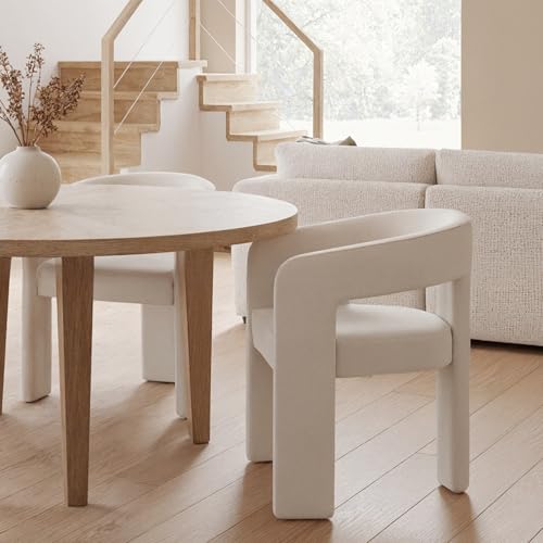 Image of HNY Modern Barrel Kitchen & Dining Room Chairs Set of 2, Linen Upholstered Accent Chairs with Arm, 18.5'' Wide Side Armchair Vanity Chairs for Living Room Bedroom Makeup Small Spaces, Ivory