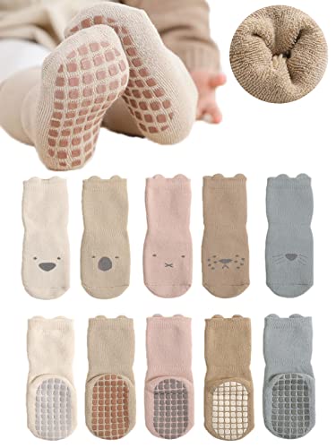 Image of BEHELE Baby Non-skid Grip Socks Toddler Socks Warm Thick Anti Skid Slipper Crew Socks for Girls Boys Newborn Infant