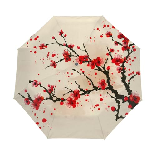 Mexpekil Paraguas compacto de flores de cerezo japonés, color rojo, resistente al viento, plegable, protección UV, sol y lluvia