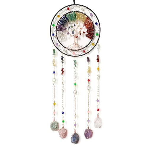 RAGKUU Crystal Tree of Life Dream Catchers with Stone Pendant Colorful Dream Catcher Wall Decor Handmade Dreamcatcher Wall Hanging Ornament for Bedroom Living Room Home Decor