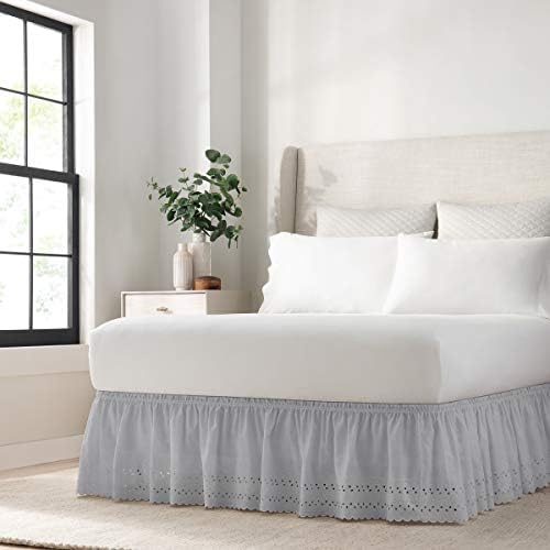 EASY FIT Eyelet Elastic Wrap Around Bed Skirt, Easy On/Off Dust Ruffle (18-Inch Drop), Queen/King, Grey