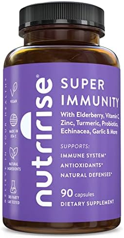 NutriRise Immunity Complex Immune Support Supplement, Vitamin C, E, B6, Zinc, Turmeric Curcumin, Elderberry, L-Glutamine, Echinacea, 7.2 Billion CFU Probiotics for Gut Health for Men & Women, 90 Count