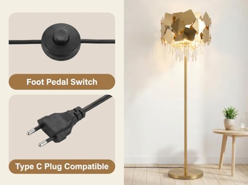 Image of Floor Lamp 3-Color CCT (Warm + Natural + Cold White) Gold Metal & Crystal Shade Standing Lamp for Living Room Bedroom Home Decor