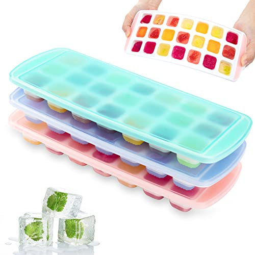 VoJoPi Cubiteras para Hielo Silicona, 3PCS Moldes para Cubitos de Hielo con tapa, 63 Bandejas para Hielo para Congelarse Alimentos para Bebés, Agua, Cola, Cócteles, Whisky - Certificado LFGB, sin BPA