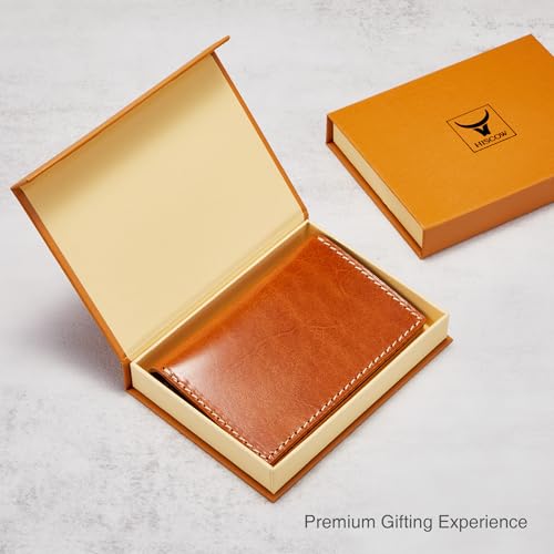 Image of HISCOW Italian Full Grain Leather Slim Card Holder, Minimalist Vegetable Tanned Leather Business Card Case for Men, Ultra-Thin Bifold Front Pocket Wallet, Cognac
