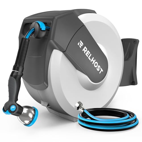 Retractable Garden Hose Reel 65 ft x 1/2 in, Heavy Duty Hose Reel Wall Mount with Any Length Lock, Auto Rewind System, 180° Swivel Bracket, 10-Pattern Garden Hose Nozzle, White & Grey 1/2''