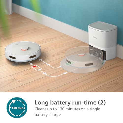 PHILIPS HomeRun 2000 series: Robot vacuum cleaner 2700 Pa suction 130' autonomy, Laser navigation, Carpet boost, Auto drain station, App control, White (XU2100/20)