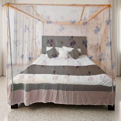 Image of Mosquito Net for King Size Bed - Foldable Square Mosquito Net Double Bed | Mosquito Net for Queen Size Bed | Mosquitoes Net for Sukun Wali Neend (6.5ft x 6.5ft, White) (Orange)