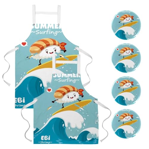 Tablier de cuisine avec 4 broches et motif Sushi d'été coloré