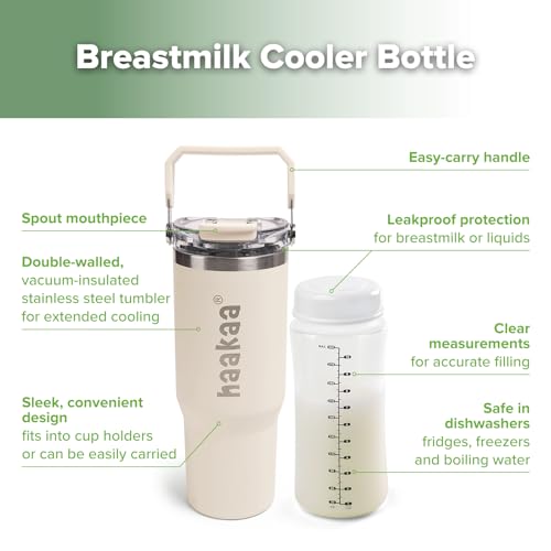 Image of haakaa Portable Breastmilk Cooler 30oz /900ml, Up to 20 Hours of On-The-go Cooling, Larger Capacity Breast Milk Chiller with a 300ml Inner Breastmilk Storage Bottle & Leakproof Lid with Straw & Sip