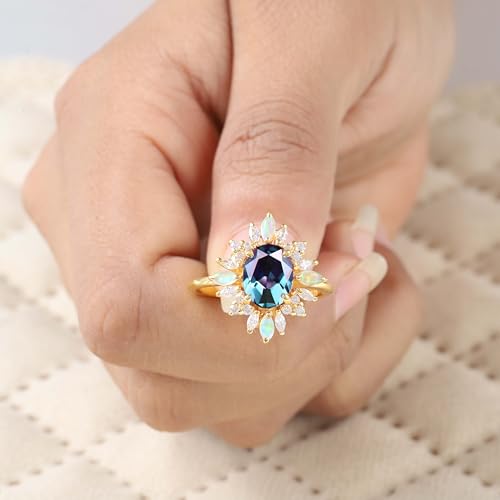 Vintage Alexandrite Engagement Ring 14k Yellow gold Handmade Diamond Jewelry Delicate Bridal Opal Halo Ring June Birthstone Chirstmas Gift for Her3