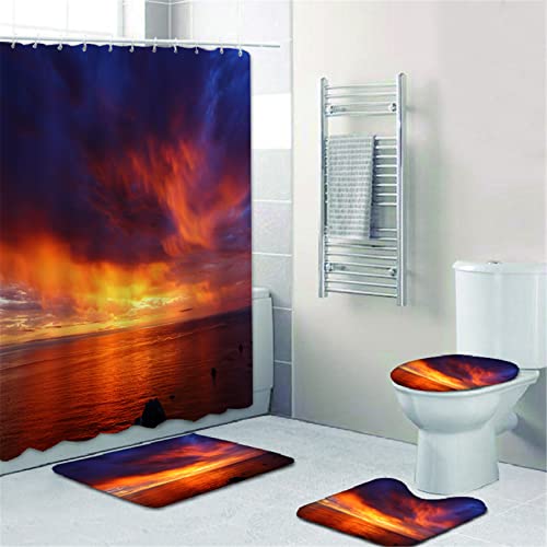 Fgolphd Beach Duschvorhang 180x200 180x180 Strand Bunt Badezimmerteppich 4-teiliges Set, Shower Curtains Wasserdicht (8,180 x 180 cm)