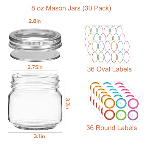 30 Pack 8 oz Mason Jars with Lids & Bands for Canning, Jam, Pickles & DIY
