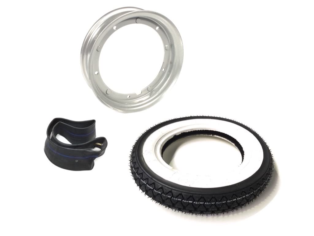 Weißwand Komplettrad 3.00-10 – Reifen, Felge & Schlauch inkl. 90° Ventil, Grau/Silber – Passend für Vespa PK 50, V50, Primavera, ET3