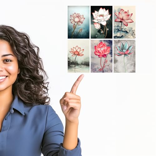 Image of SiddArtify Lotus Flower Wall Art Poster Print Set - Botanical Floral Decor for Living Room Bedroom Office - Set of 2-4x6 Inch - Board (Pack of 6) - Sticker (Pack of 6)