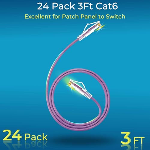 Image of Rapink Patch Cables Cat6 / Cat6a 3ft (24 Pack) Slim, Cat6a Ethernet Patch Cable 30G Support, Snagless Cat 6 Patch Cable for Patch Panel to Switch, Flexiable Cat6 Ethernet Cable Purple