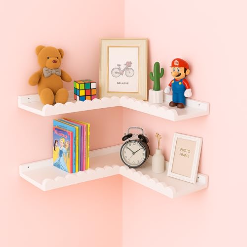 Kathfly 2 Set Scalloped Floating Corner Shelves, White Wooden Corner