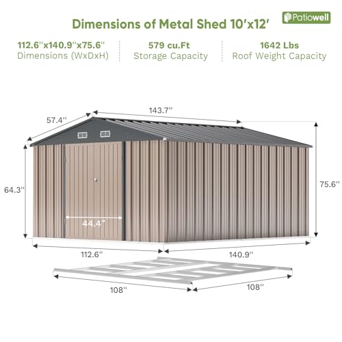 Image of Patiowell 10 x 12 FT Metal Storage Shed for Outdoor with Floor Frame, Steel Yard Shed with Design of Lockable Doors, Utility and Tool Storage for Garden, Backyard, Patio, Outside use,Brown