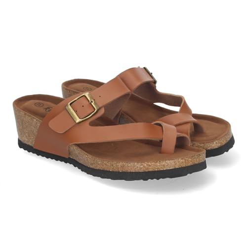 83047 Sandalia de Cuna Bio, para Mujer, Comodas, con Pala Tipo Esclava, Talon Abierto y Cierre de Hebilla. Camel Talla 37