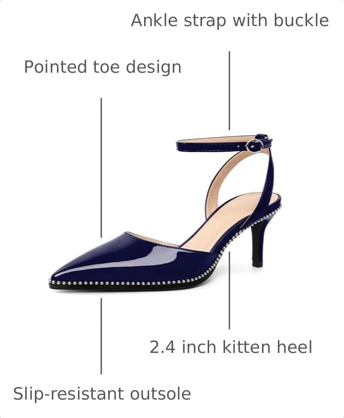 Image of SAMMITOP Kitten Heels for Women Low Heel Closed Toe Ankle Strap Pumps Wedding Party Beaded Dress Shoes 2.4 Inch