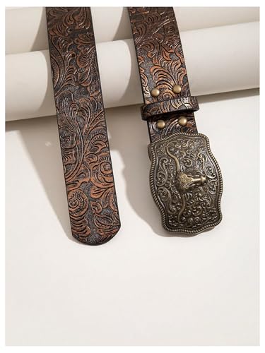 SHENHE Women's PU Leather Western Belt Vintage Engraved Buckle Belt Embossed Tribal Belt2