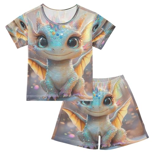 ALAZA Lovely Dragon 3d Pajamas Set Short Sleeve Cotton Sleepwear Summer Pjs 2 Piece 5-14Y