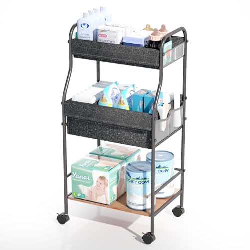 Image of Cathyeen 3-Tier Rolling Baby Diaper Caddy Cart with 3+2 Dividers & Locking Wheels, 31" H Large Capacity Metal Frame Baby Storage Organizer Nursing Cart for Diapers, Wipes, Clothes, Toys
