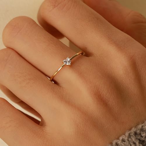 925 Sterling Silver Heart White Birthstone Ring for Women 14K Gold Plated Delicate Engagement Promise Rings to Daughter Mother Sister Minimalist Stackable Ring Wedding Christmas Gift for Her Size 5-73