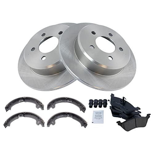 Image of TRQ Rear Brake Pad and Rotor Set Ceramic Parking Brake Shoe Compatible with 2001-2007 Chrysler Town & Country Dodge Grand Caravan Caravan