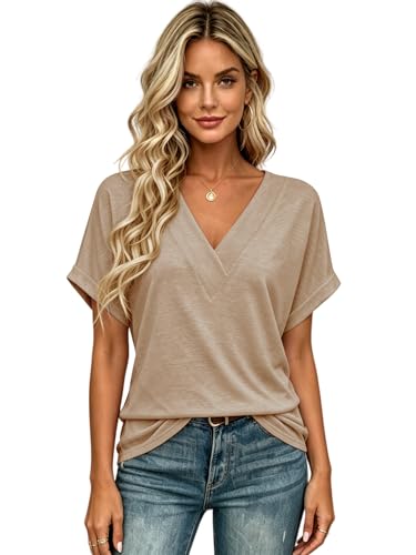 Image of T Shirts Short Sleeve V Neck Tees Womens Tops Beach Vacation Fashion Clothes 2026 Casual Summer Spring Fall Outfits