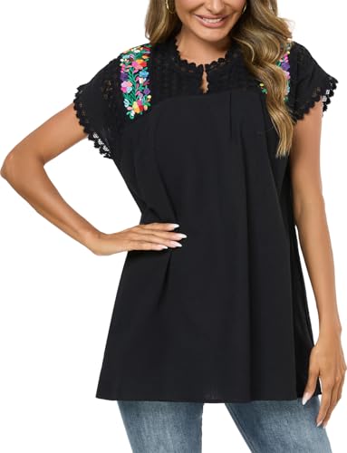 Mexican Shirts for Women Embroidered Tops Peasant Blouse Lace Tops White Short Sleeve Summer Floral V Neck T Shirt3