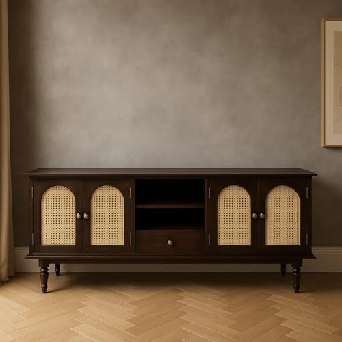 Image of Premium Solid Wood, 10 Minutes Assembly (Legs Only), Aesthetic Rattan Doors, Mid Century Entertainment Center for Living Room, TV Stand for 65 inch TV, Dark Chocolate (Walnut TK-25)