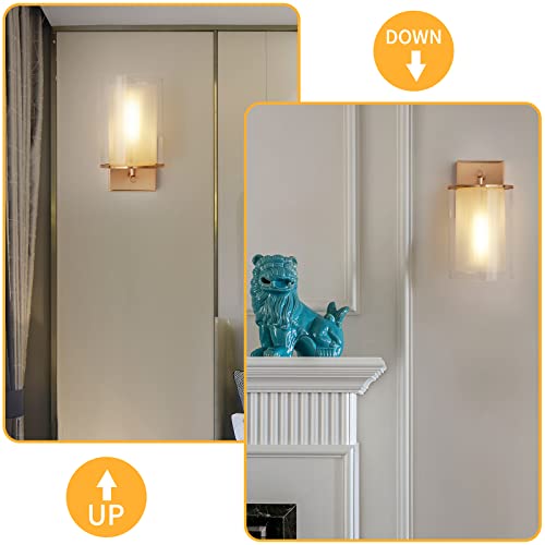 Frideko Modern Wall Sconce Gold Wall Sconces Wall Lighting Wall Lamp with Double Glass Lampshade Bathroom Vanity Light Fixtures Indoor Wall Lights for Bedroom Living Room Hallway(Bulb Included)