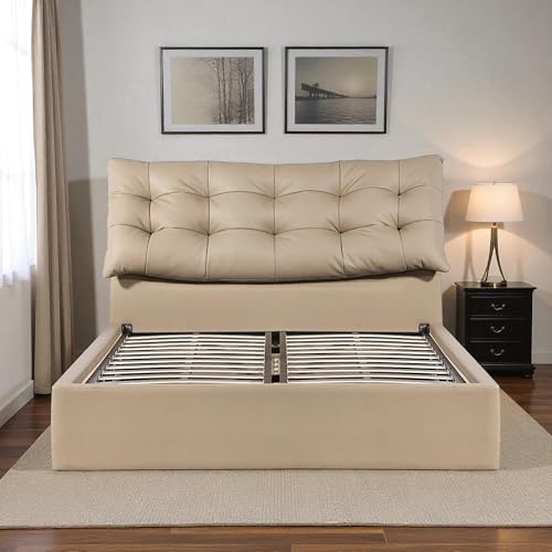 Image of The Attic Kona Queen Size Hydraulic Lift Storage Bed with Tufted Headboard Khakhi Beige